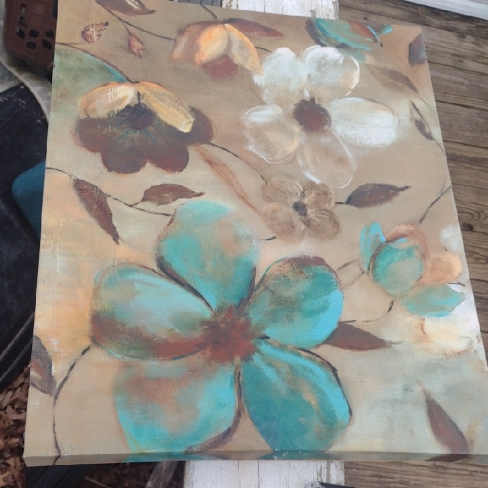 Floral Canvas Art with Blue and Cream Flowers